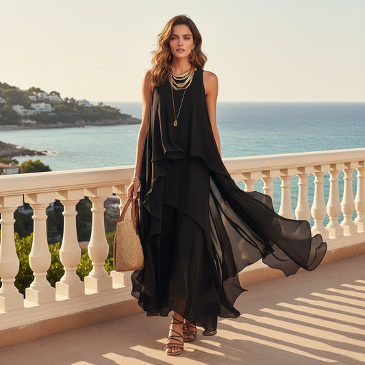 Chic Flowy Black Sleeveless Asymmetrical Chiffon Long Dress 