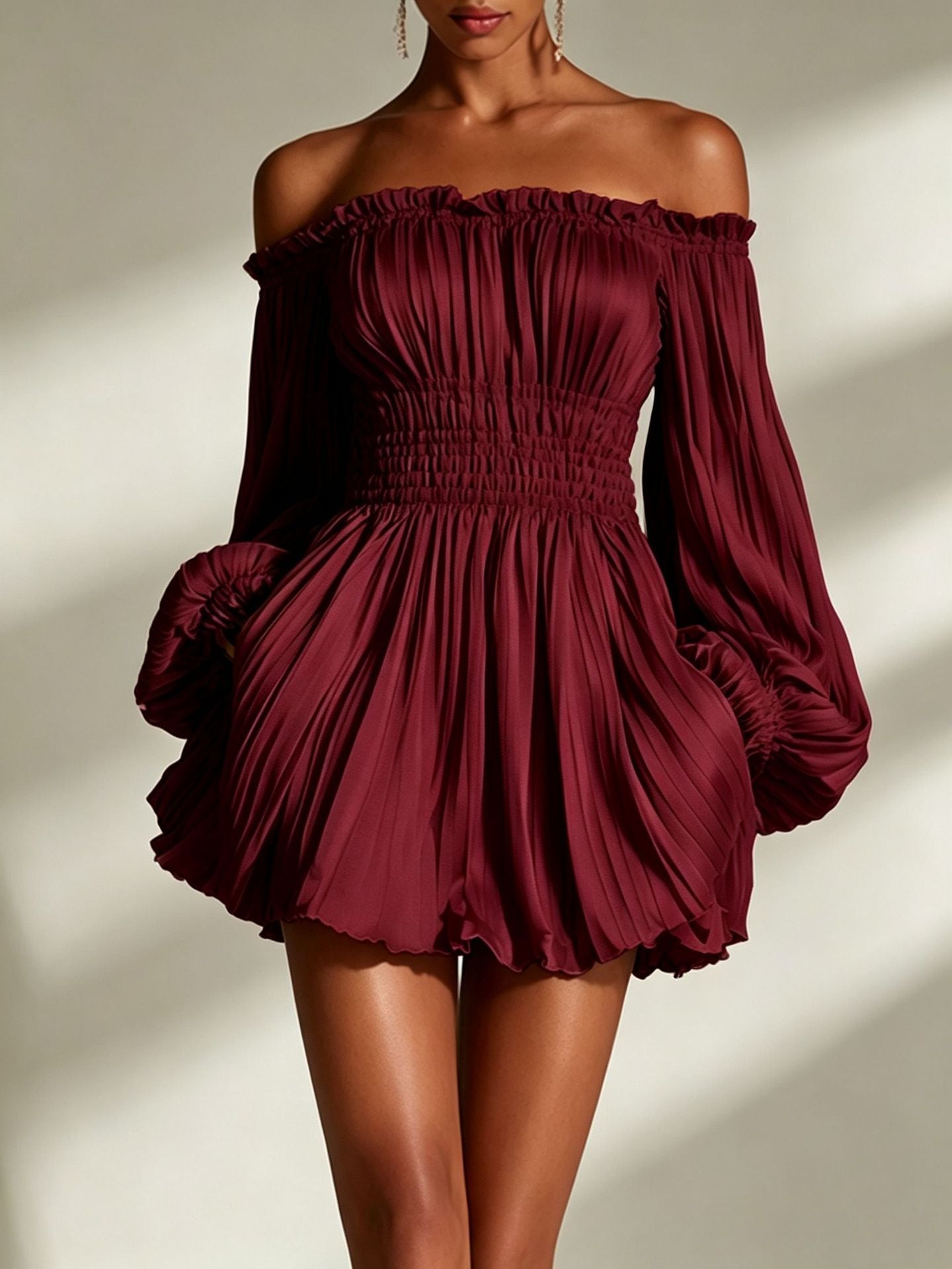 Elegant One-Shoulder Pleated Fitted Long Sleeve Dress for Women 