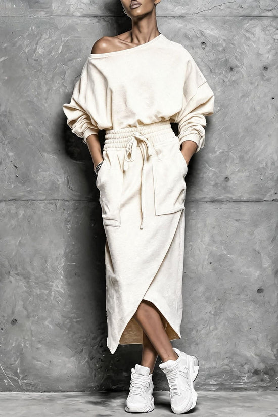 Off-Shoulder Top & Drawstring Long Skirt Set with Pockets 