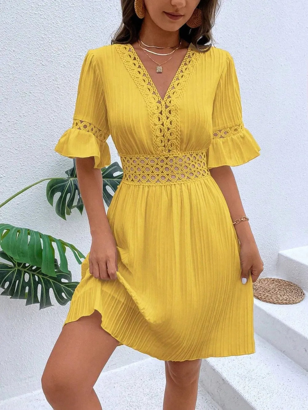 Cutout V-Neck Flounce Sleeve Mini Dress 