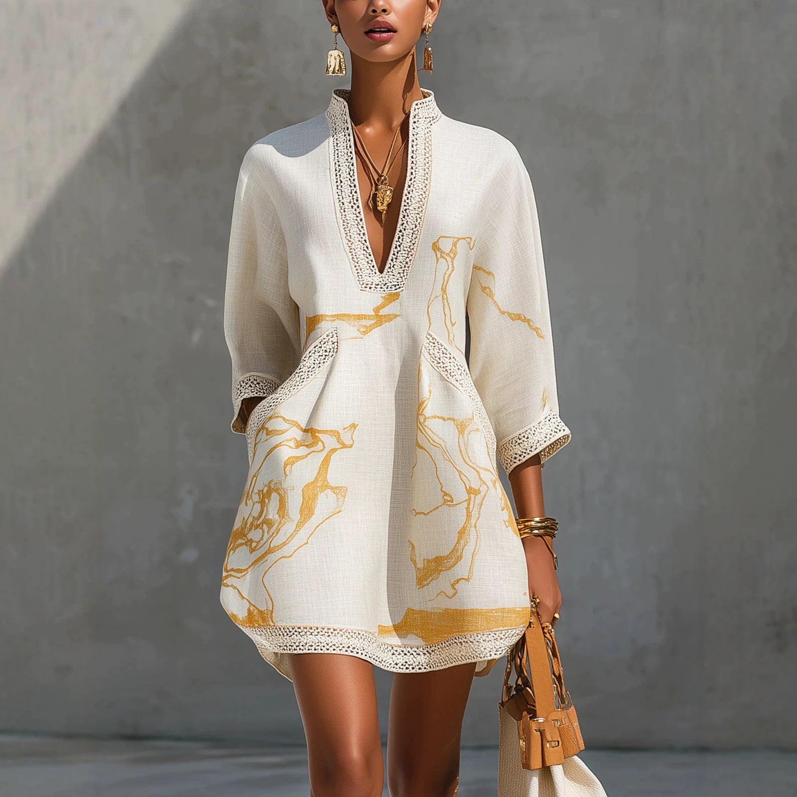 Printed lace trimmed seven quarter sleeved cotton linen short dress 