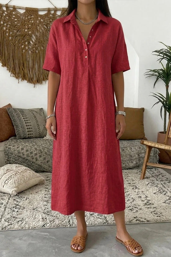 Casual Straight Fit Comfortable Linen Short Sleeve Polo Neck Dress for Women 