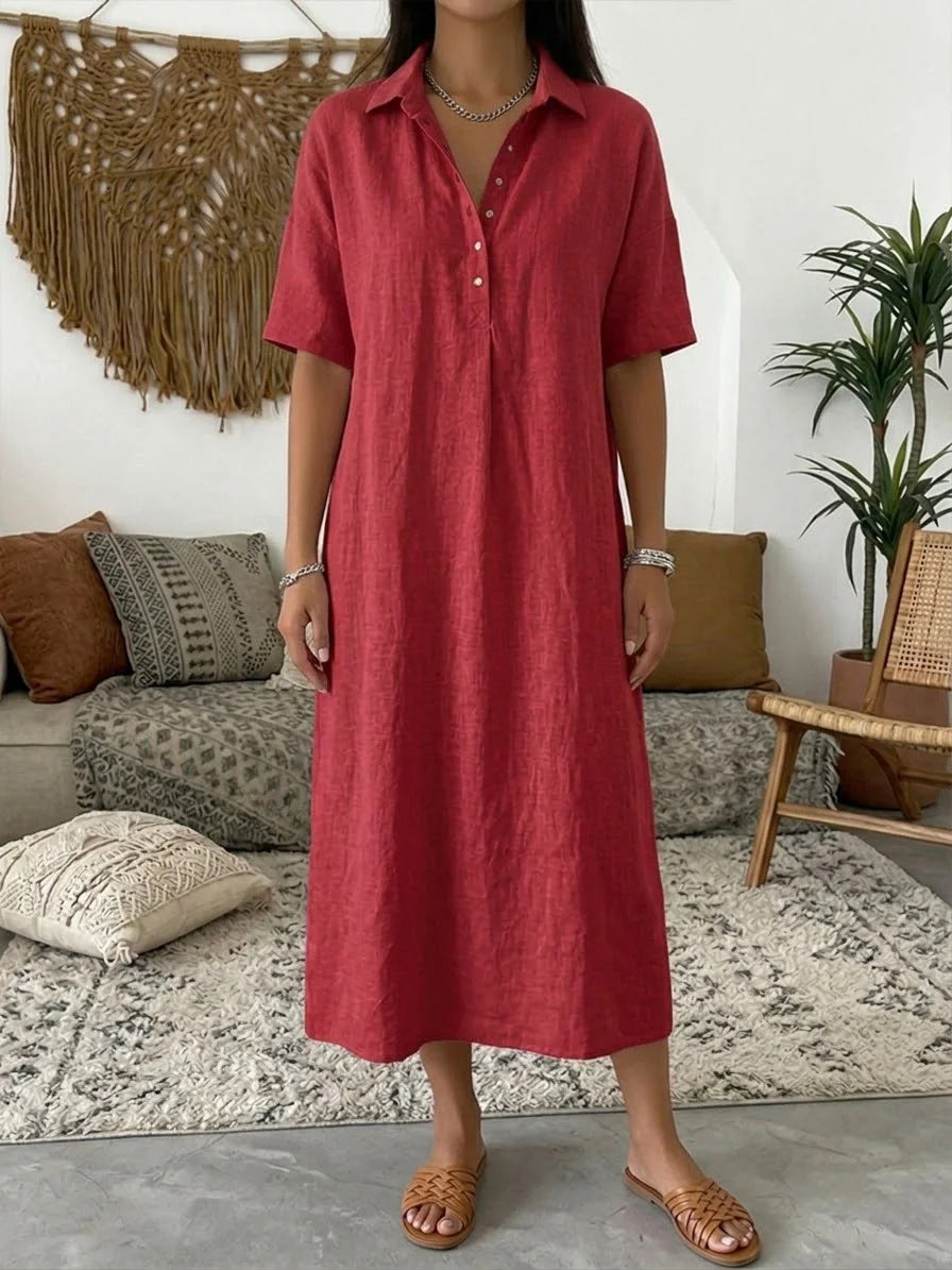Casual Straight Fit Comfortable Linen Short Sleeve Polo Neck Dress for Women 