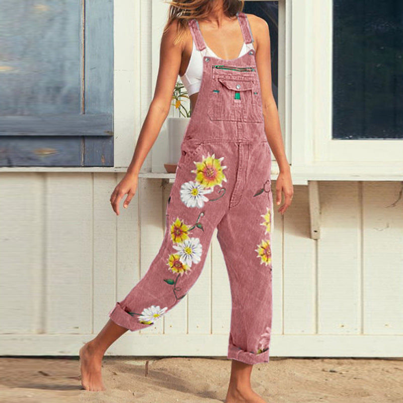 Classic Fit Straight Leg Printed Sleeveless Strap Pants Slimming Hip-Hiding Overalls Long Pants 