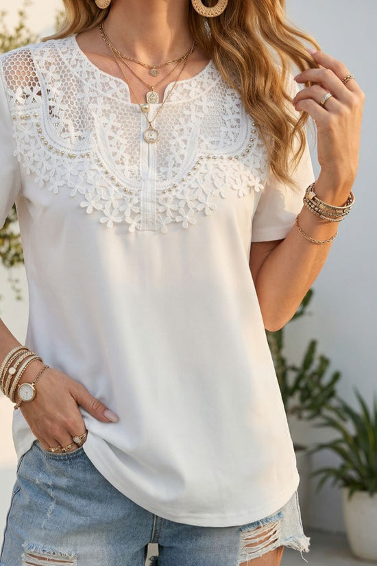 Hollow-out Pearl-trimmed Loose Short-sleeve T-shirt For Women 