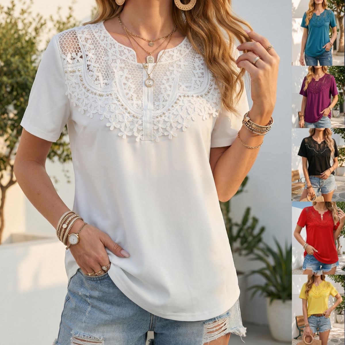 Hollow-out Pearl-trimmed Loose Short-sleeve T-shirt For Women 