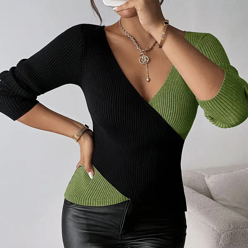 Women's Elegant V-Neck Cross Front Sweater, Color Block Knit Top For Spring And Fall Layering CJ US