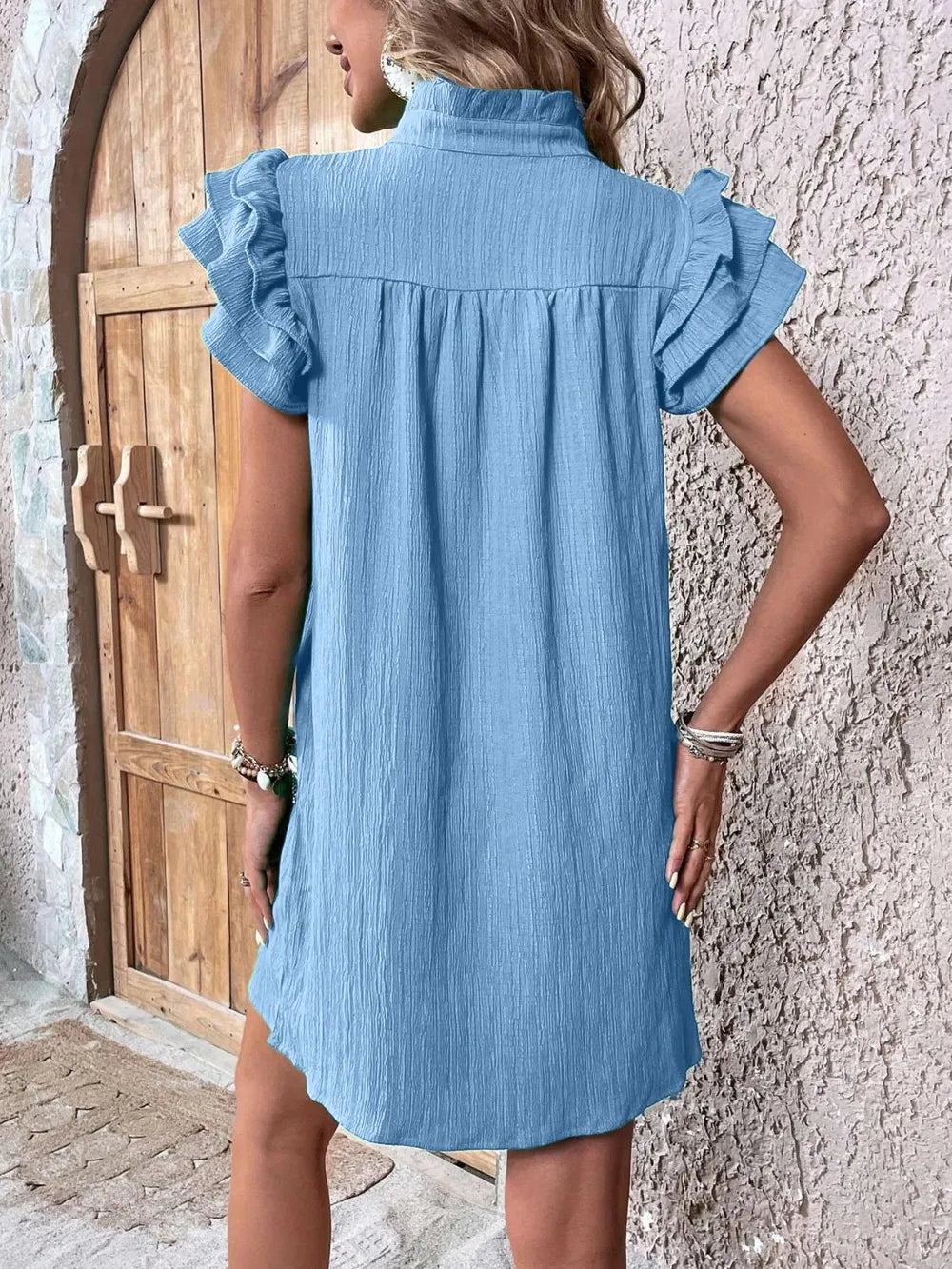 Ruffled Notched Cap Sleeve Mini Dress 