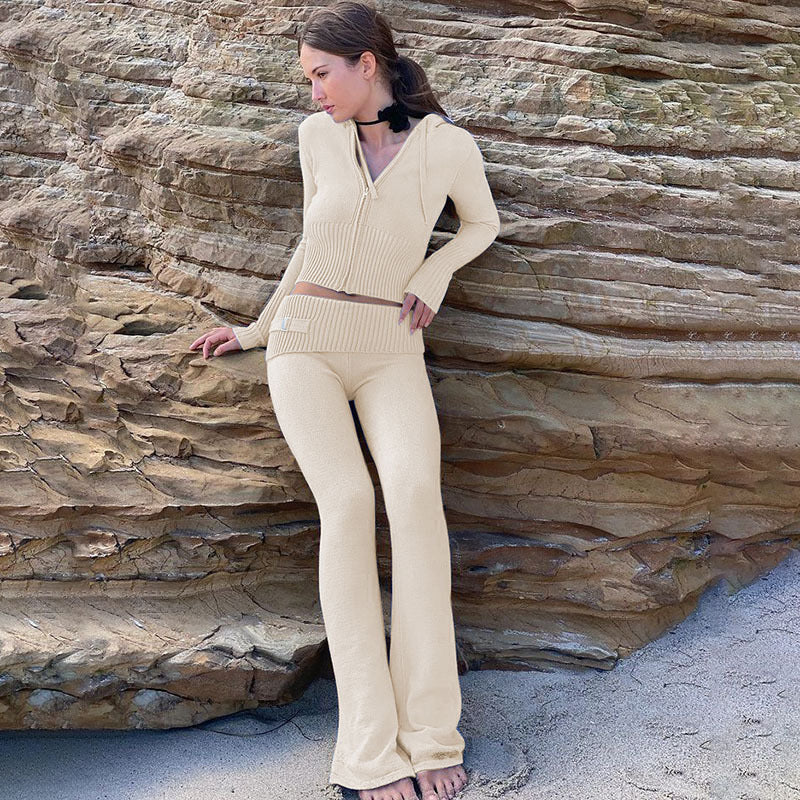 Women’s Knitted Hooded Two-Piece Set – Cardigan & High-Waisted Pants Suit - FitiqueFit