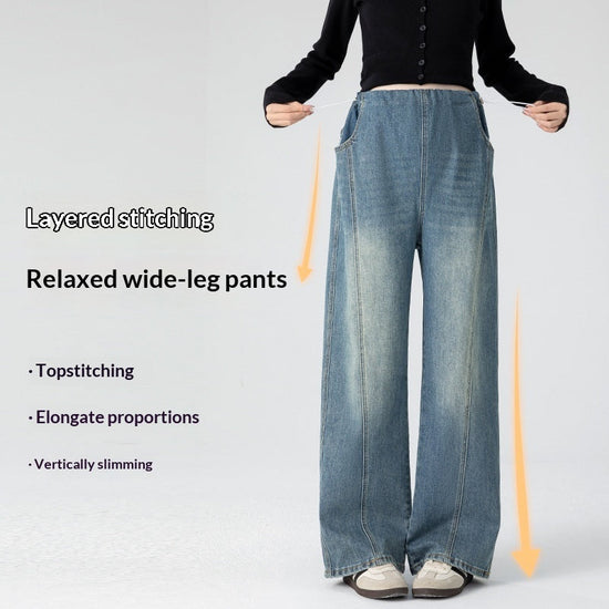 Retro Loose Straight-Leg High-Waist Floor-Length Wide-Leg Maternity Jeans 