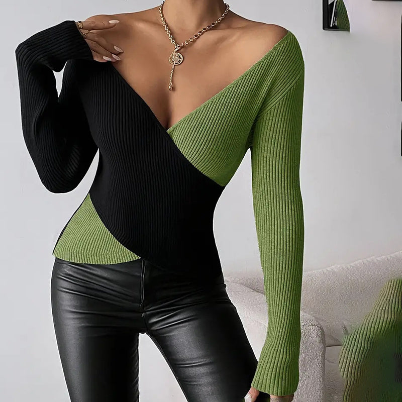 Women's Elegant V-Neck Cross Front Sweater, Color Block Knit Top For Spring And Fall Layering CJ US