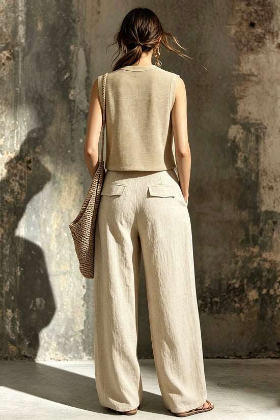 Khaki linen casual two-piece short knitted vest pocket wide leg pants set 