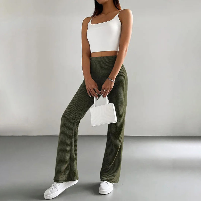 Women's Solid Color Rib-Knit Jogger Pants, Casual Stretch Pull-On Trousers For Spring And Fall 