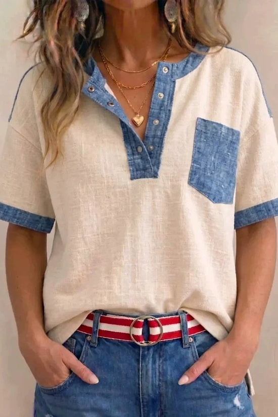 Women's Casual Loose-Fitting Patchwork Short-Sleeve Top 