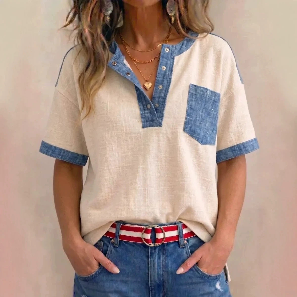 Women's Casual Loose-Fitting Patchwork Short-Sleeve Top 