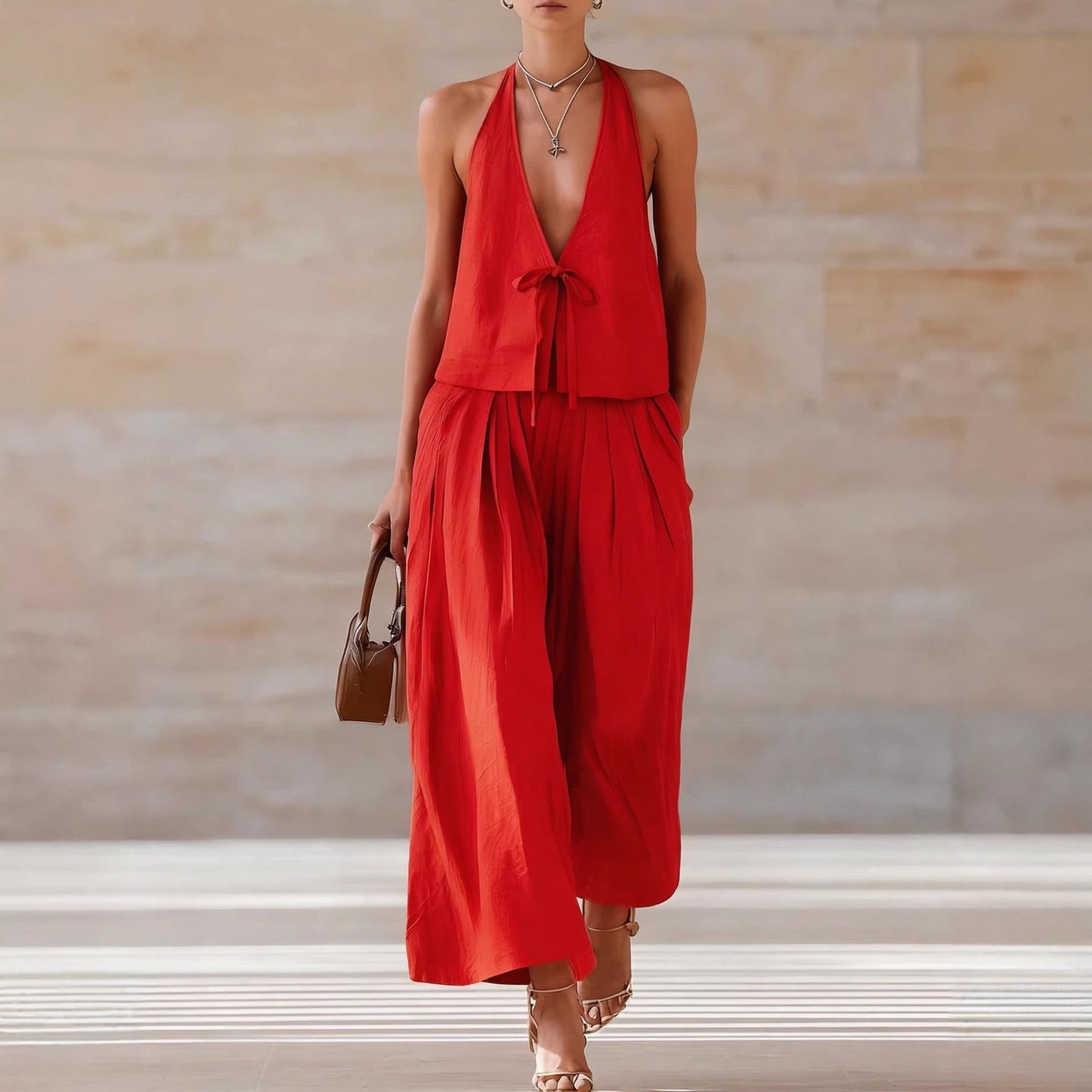 Fashionable Casual Sleeveless Vest And Loose Wide-Leg Pants Womens Set 