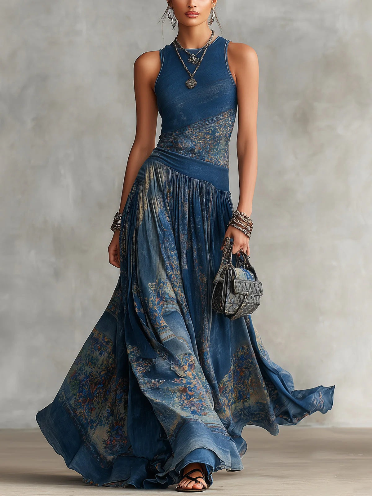 Printed sleeveless vest dress with elegant large swing round neck skirt 