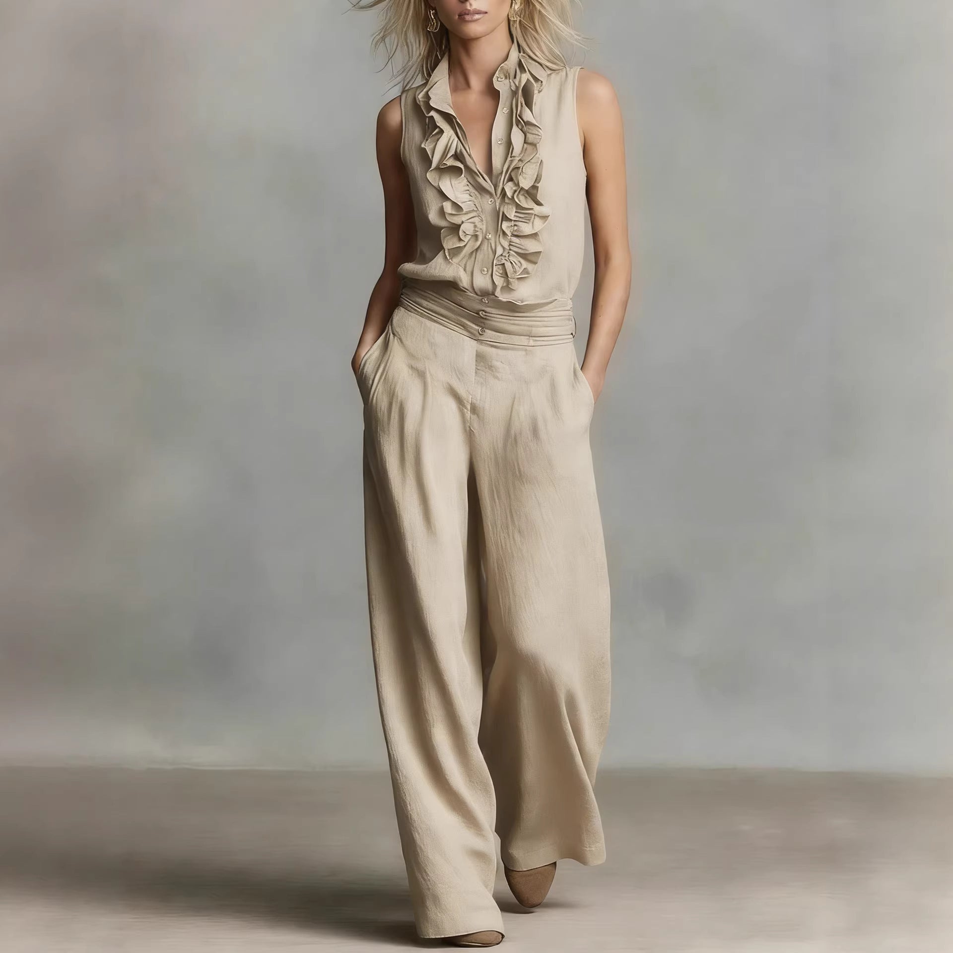 Linen-blend Sleeveless Shirt And Wide-leg Pants Set 