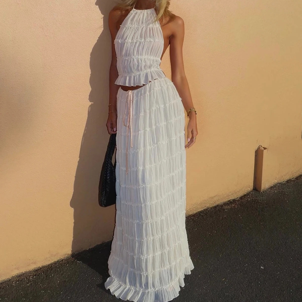 2pcs Women's Dress Suit Sexy Sleeveless Backless Cropped Halter Top And Pleated Long Skirt Beach Clothing FitiqueFit