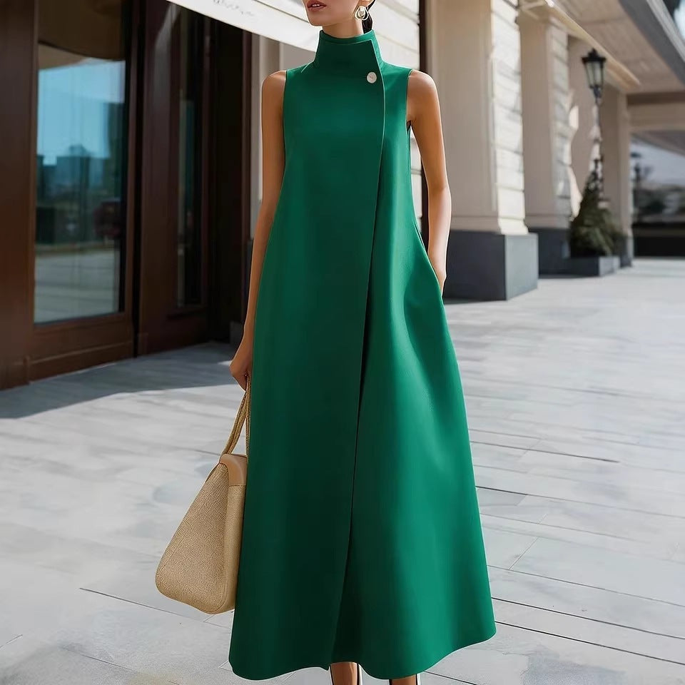 Elegant Sleeveless Long Dress with Stand Collar and Single Button Office Wear, Casual Fashion 