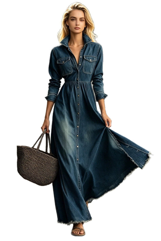 Style Retro Elegant Fitted Long Sleeve Denim Dress with Flared Skirt 