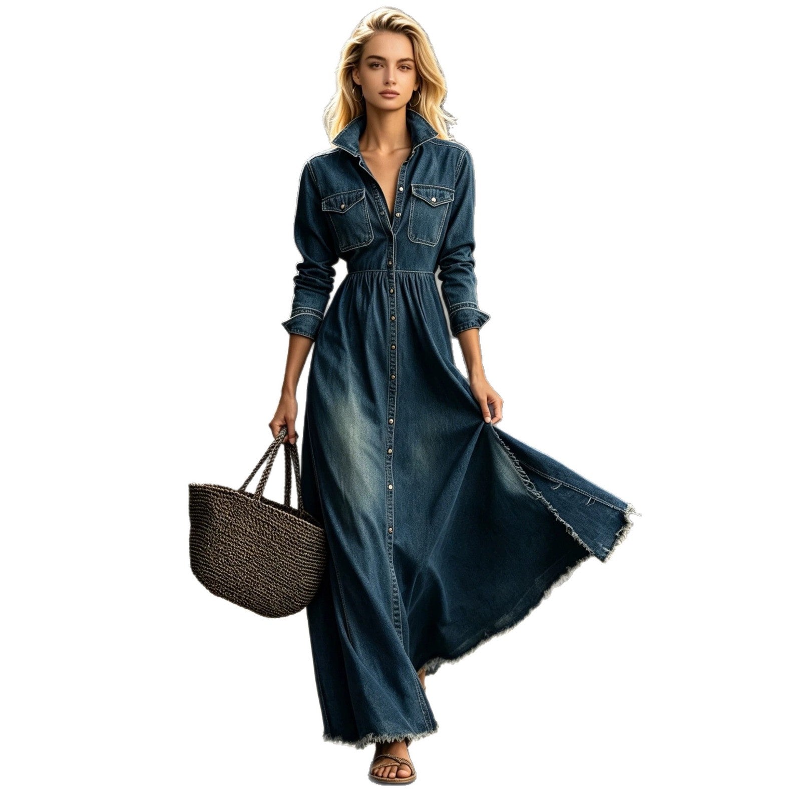 Style Retro Elegant Fitted Long Sleeve Denim Dress with Flared Skirt 