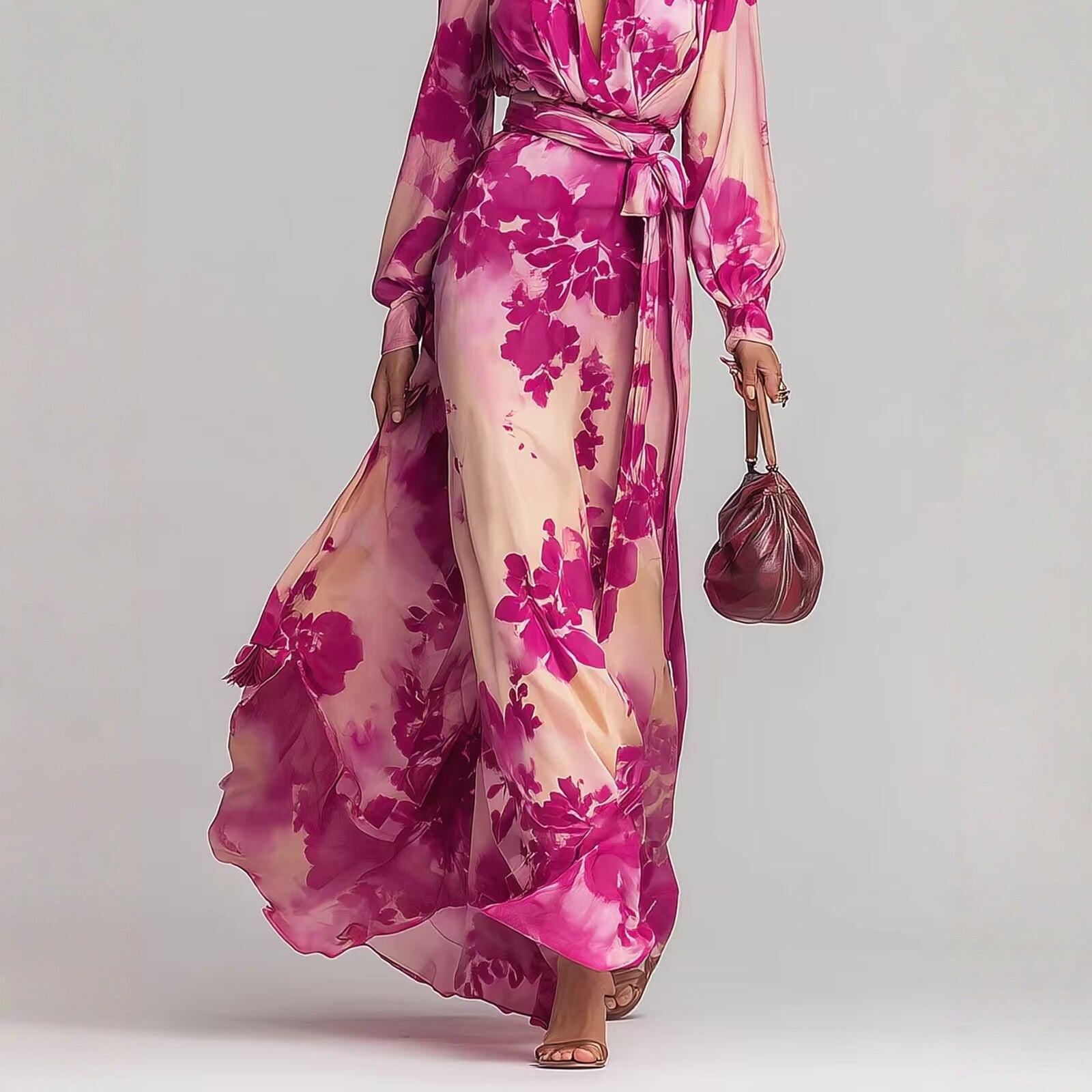 Printed Chiffon Long Sleeve V-Neck Tie-Up Dress Elegant Chic Spring New Long Dress 