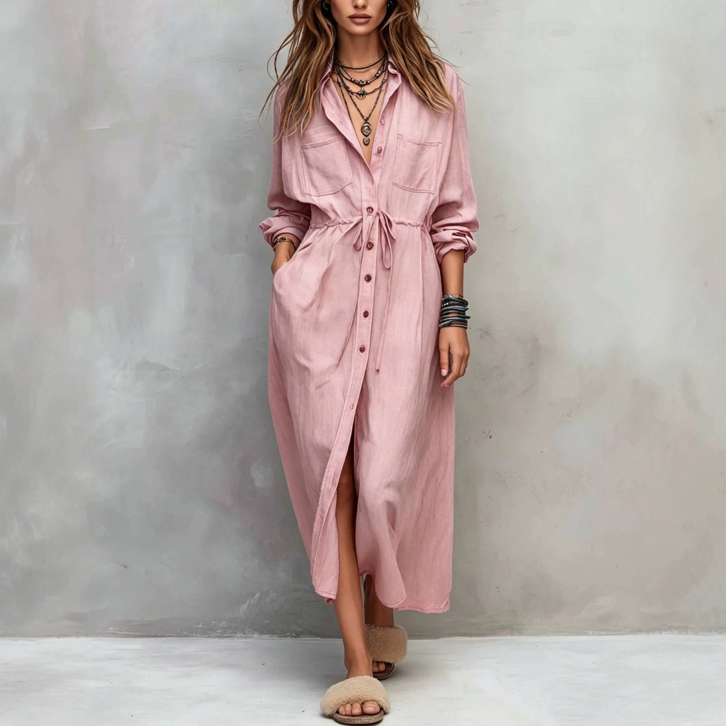 Spring and Autumn Casual Drawstring Waist Shirt Dress Loose Style for Women 