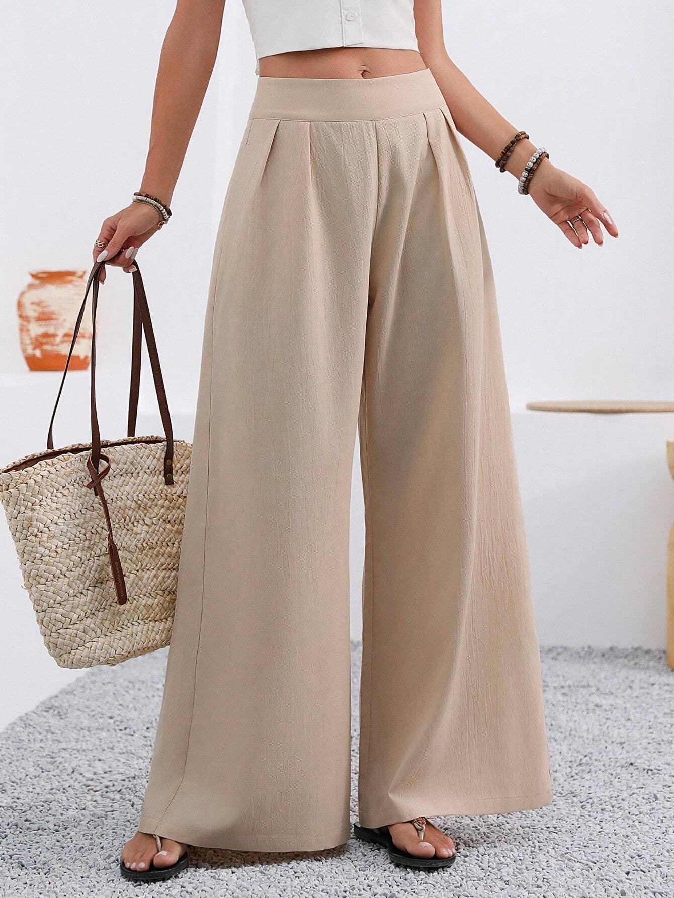 Pocketed High-waisted Fashionable Versatile Wide-leg Trousers Long Pants 