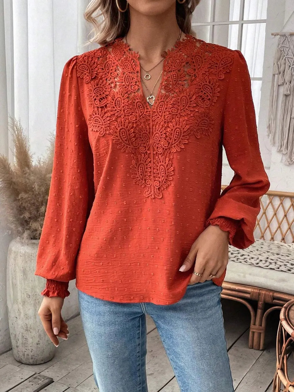Swiss Dot Lace Detail Notched Long Sleeve Blouse 
