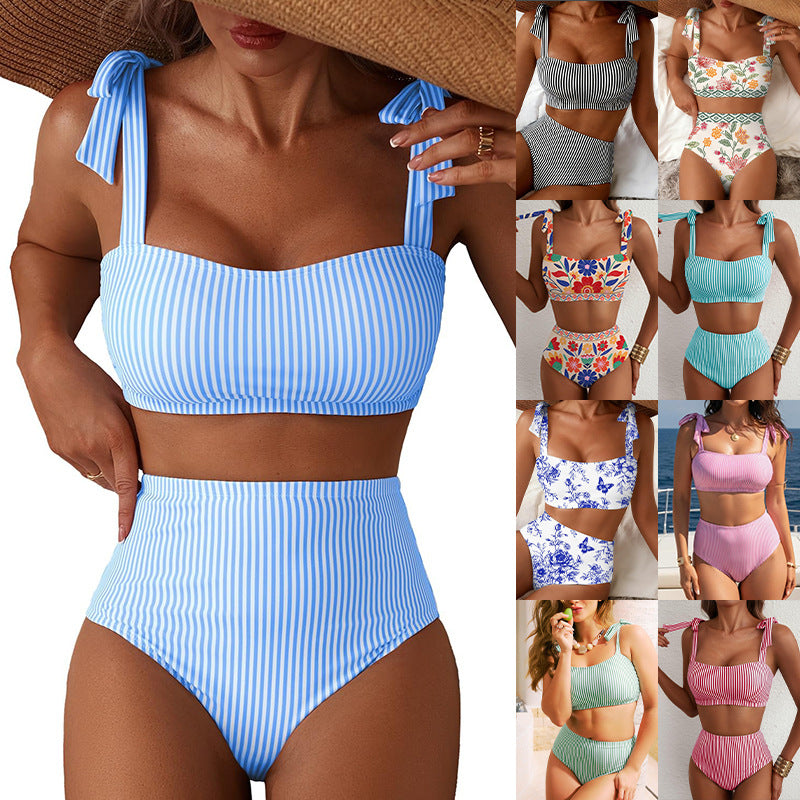 Women's Striped Bikini Set with Tie-Shoulder Design, High-Waisted Two-Piece Swimsuit 