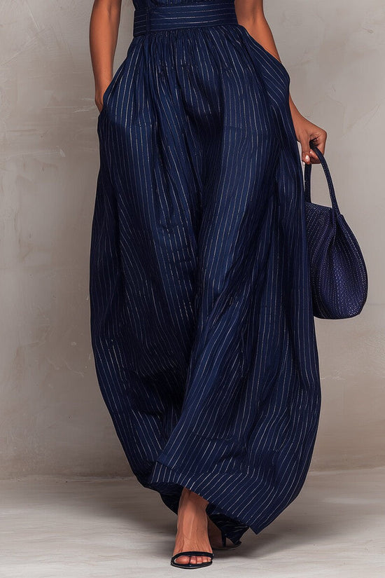 Deep Blue Striped Sleeveless Waist-Cinched Wide-Leg Jumpsuit 