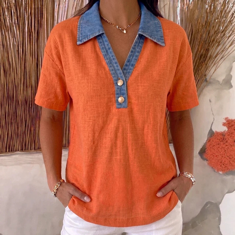 Casual Denim-Trimmed Contrast Linen Cotton Shirt Womens Apparel 