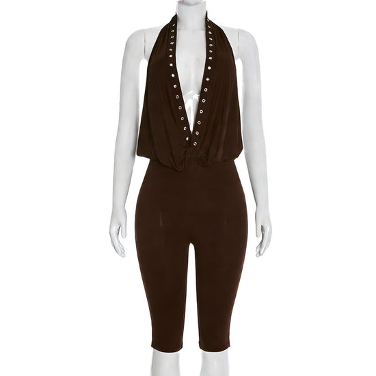 Womens Halter Deep V-Neck Rivet Eyelet Backless Cropped Jumpsuit 