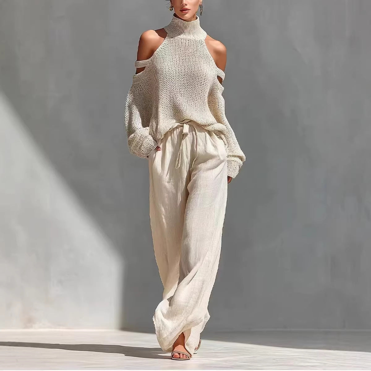 Womens Long-Sleeve Turtleneck Top And Pants Two-Piece Set 