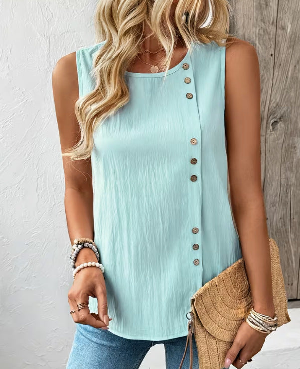 Elegant Casual And Fashionable Loose-fit Cotton-linen Tank Top With A Round Neck 
