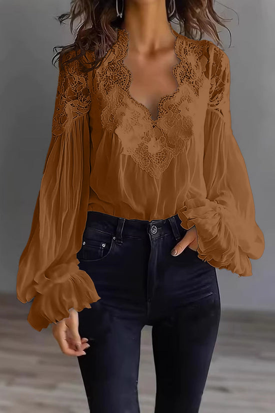 Lace-panelled Ruffled Puff-sleeve Pleated Shirt 