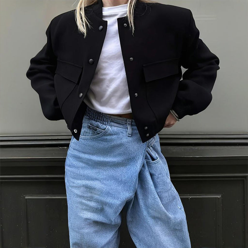 Women's Solid Color Long Sleeve Baseball Jacket With Button Front & Pockets - Casual Short Jacket For Spring&Fall Diversi Fashion™