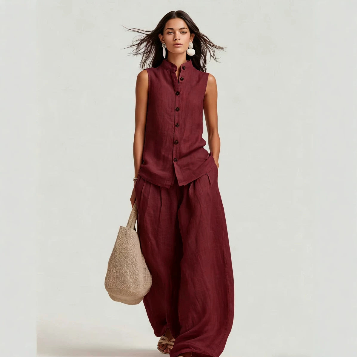 Stand-up Collar Sleeveless Shirt And High-waisted Wide-leg Pants Set 
