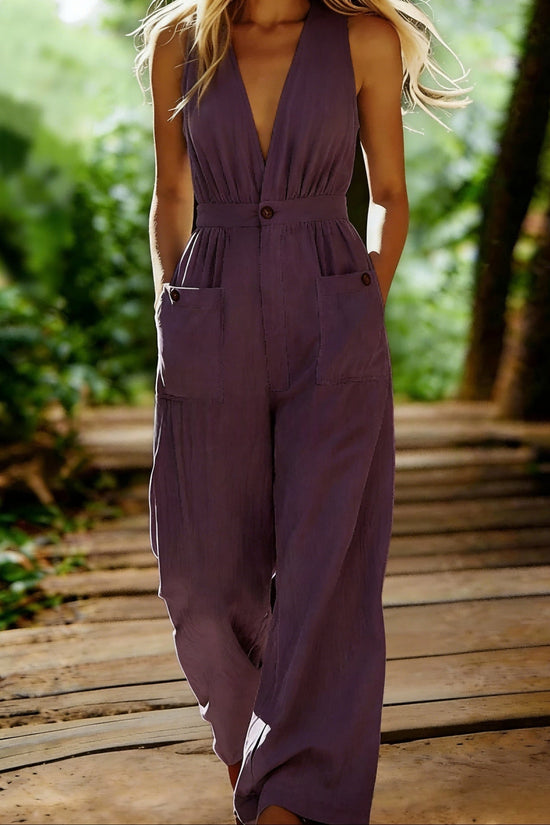 Loose-fit Casual V-neck Sleeveless Solid-color Wide-leg Jumpsuit With Pockets 