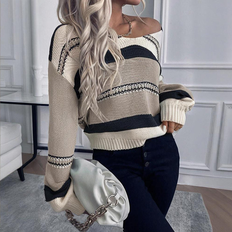 Women's French Vintage Striped Sweater, V-Neck Long Sleeve Stretch Knit Top For Fall Winter Layering 