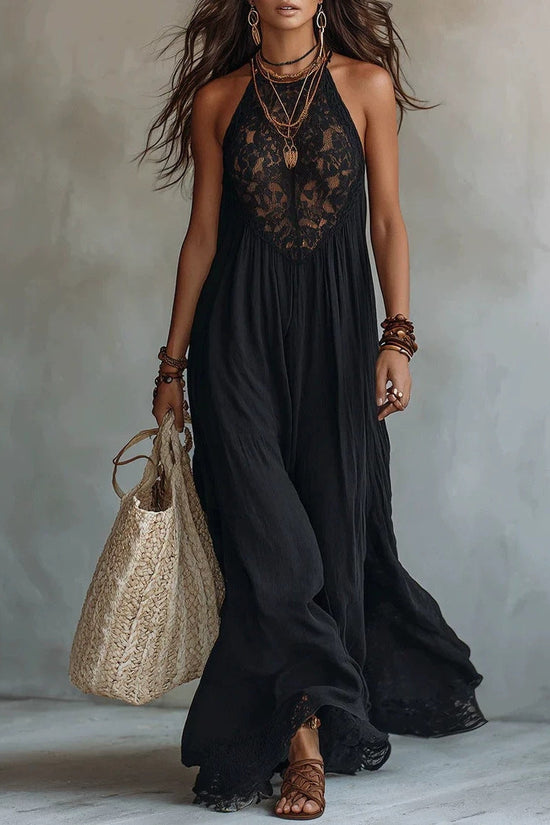Style Black Lace Trim Sleeveless Long Dress Loose Vacation Style Maxi Dress Lace Dress 