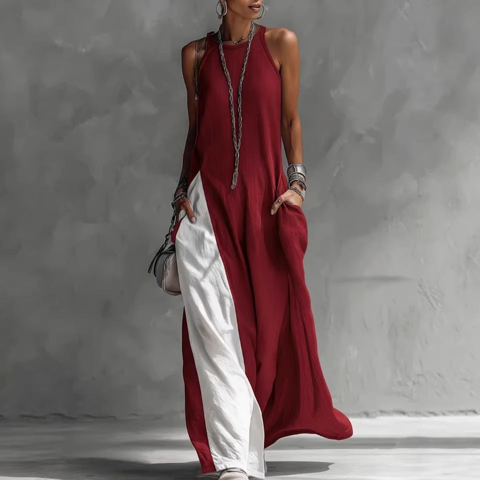 Sleeveless Loose Contrast Color Casual Off Shoulder Dress With Pockets 
