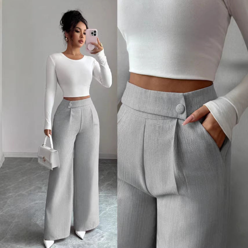 Womens Solid-color Casual All-match Long Pants With A Waist Panel Seam 
