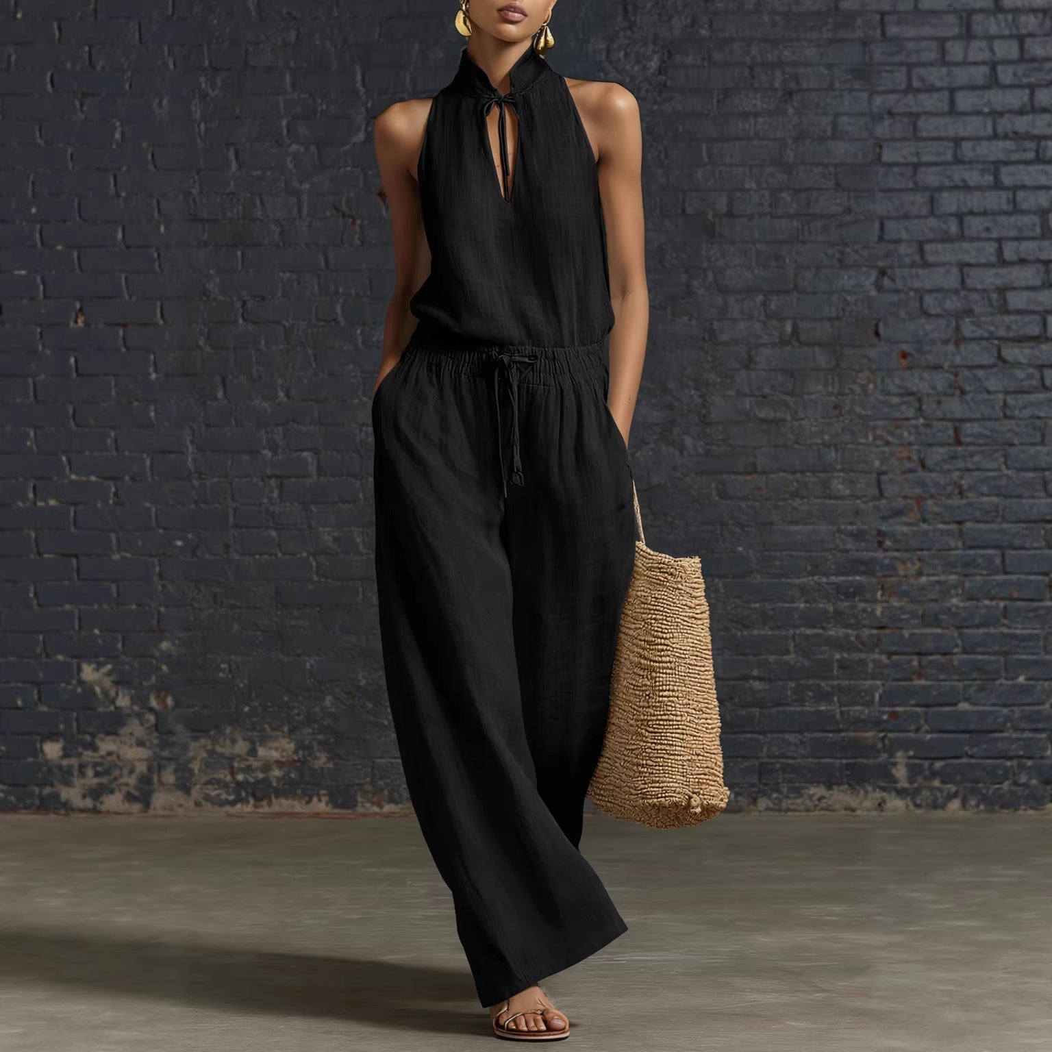 Urban-style Cotton And Linen Top And Wide-leg Pants Set 