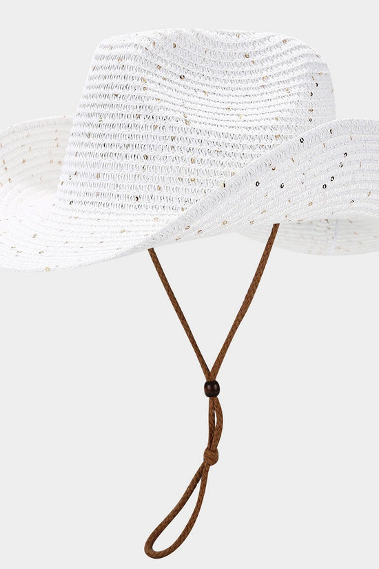 New Womens Panama Straw Weaved Sequin Windproof Sun Hat 