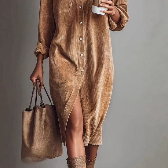 Classic Solid Color Corduroy Long Sleeve Turn-down Collar Shirt Loose Long Dress 