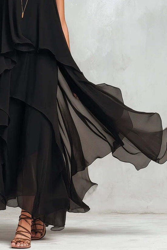 Chic Flowy Black Sleeveless Asymmetrical Chiffon Long Dress 