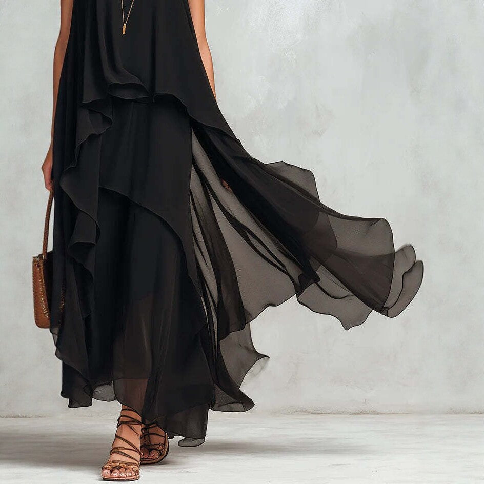 Chic Flowy Black Sleeveless Asymmetrical Chiffon Long Dress 