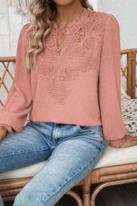 Swiss Dot Lace Detail Notched Long Sleeve Blouse 